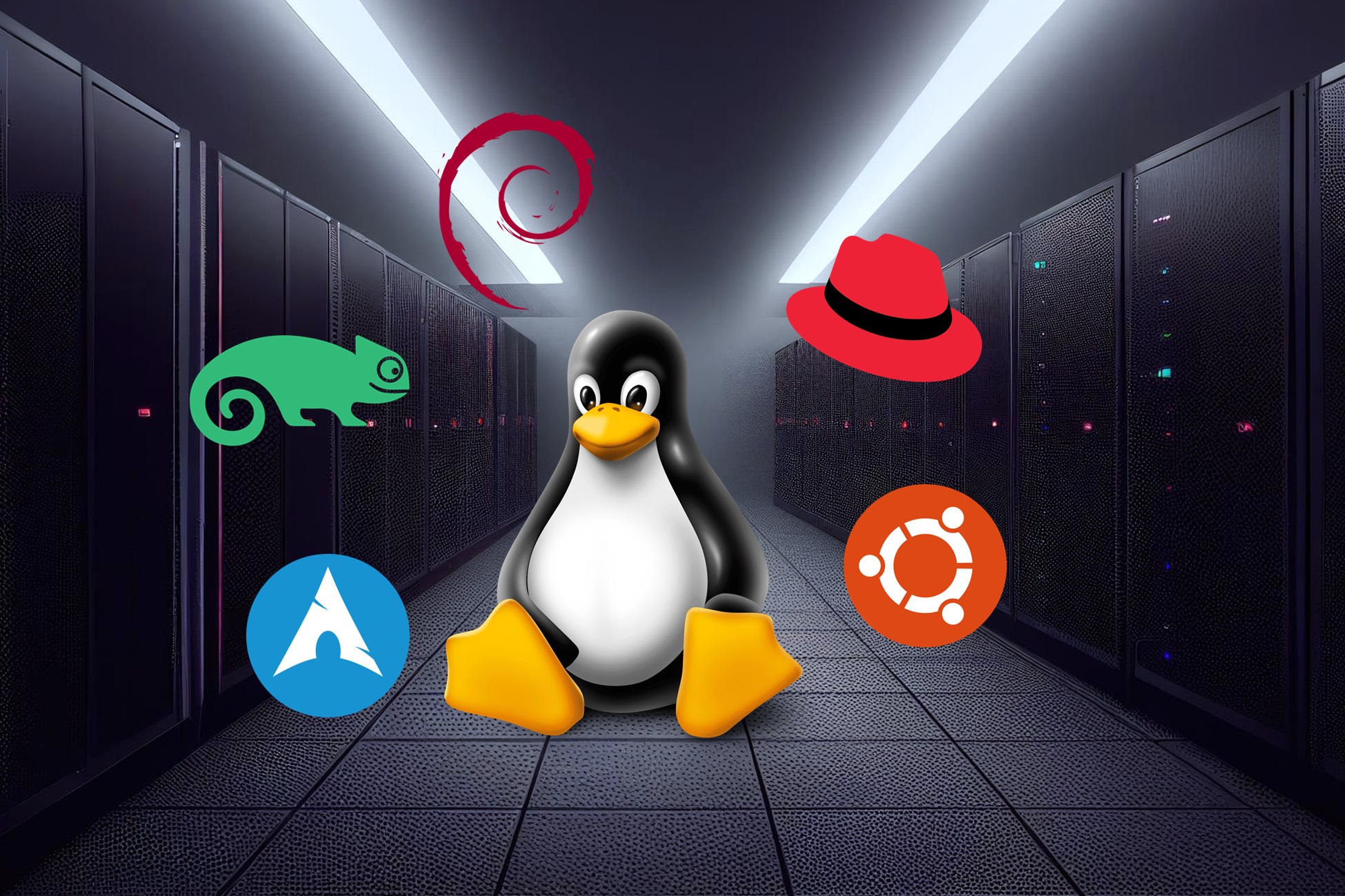 A collage of logos of Linux distributions